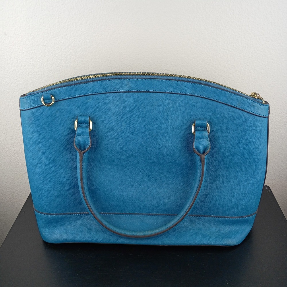 Anne Klein Blue Saffiano Satchel Handbag Gold Hardware Polka Dot Lining - Picture 2 of 11